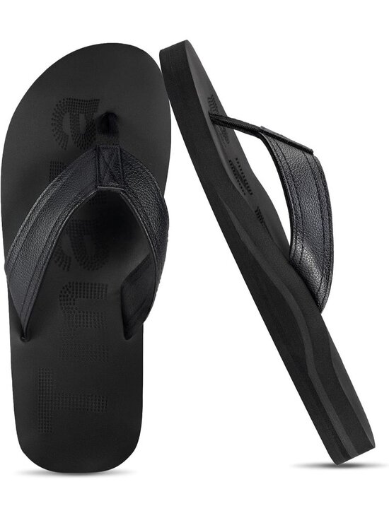 Men\'s All Black Flip Flops With Arch Support Summer Outdoor Beach Sandals
